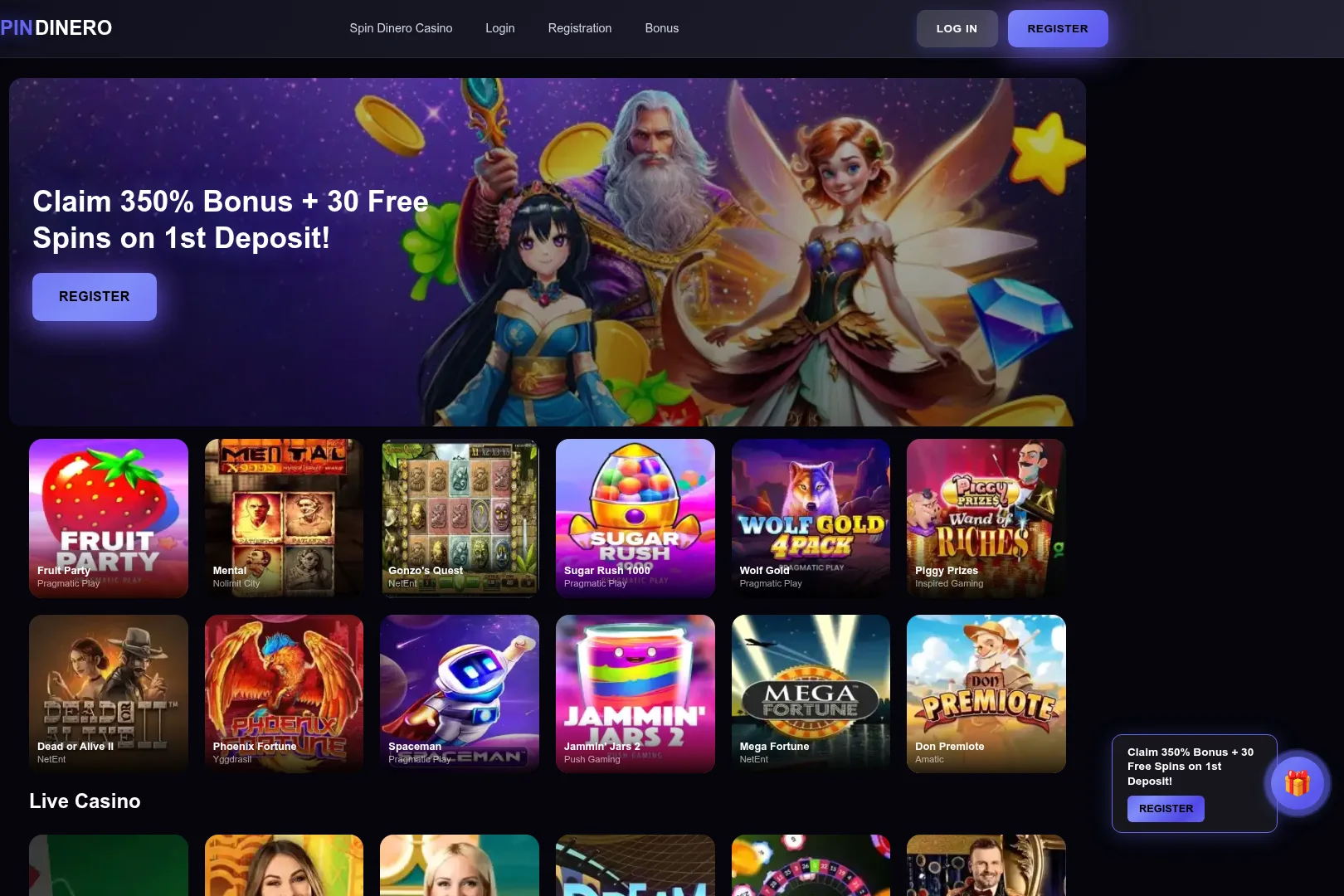 Spin Dinero Casino desktop interface